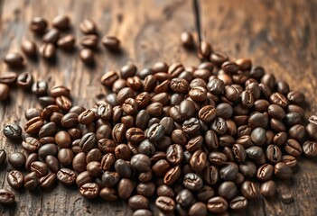 Fototapeta premium Roasted coffee beans scattered on a rustic wooden surface, showcasing their rich aroma, cappuccino, coffee