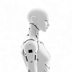Fototapeta premium Side view of a white female humanoid robot with visible mechanical joints on a black background