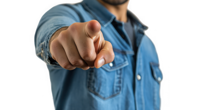 Pointing finger gesture, denim shirt, choosing you on transparent background
