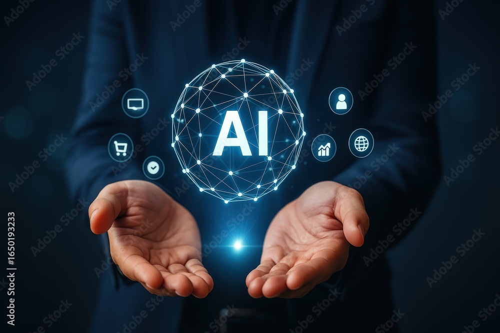 Poster hands holding a digital representation of artificial intelligence.