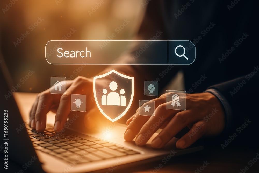 Poster hands typing on a laptop with search bar and security icons overlaid.