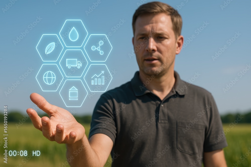 Poster man in a field displaying digital icons with his hand.