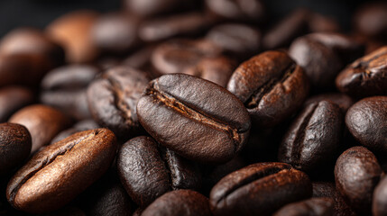 A close up shot of a pile of roasted brown coffee beans in dark light