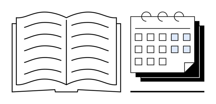 Open book paired with a wall calendar, representing education, planning, schedule, time management, deadlines, events and organization. Ideal for productivity study tips or goal tracking. Simple