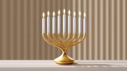 Fototapeta premium Elegant menorah centerpiece with lit candles against a subtle textured backdrop.