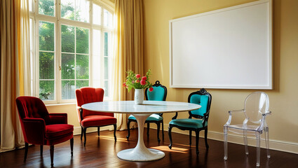 Fototapeta premium Elegant dining room with round table and velvet chairs by large window