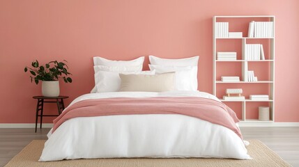 Cozy and stylish bedroom interior showcasing creative storage solutions such as a sleek bookshelf and minimalist decor creating a peaceful and organized living space