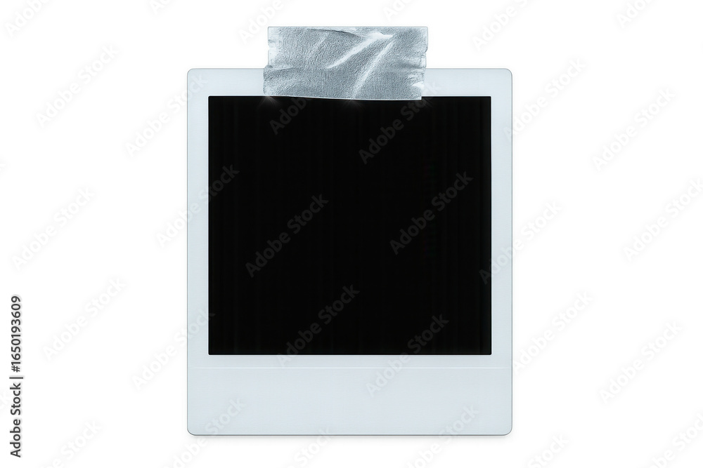 Poster close-up of an empty instant photo frame fixed with sticky tape on a transparent background, creatin