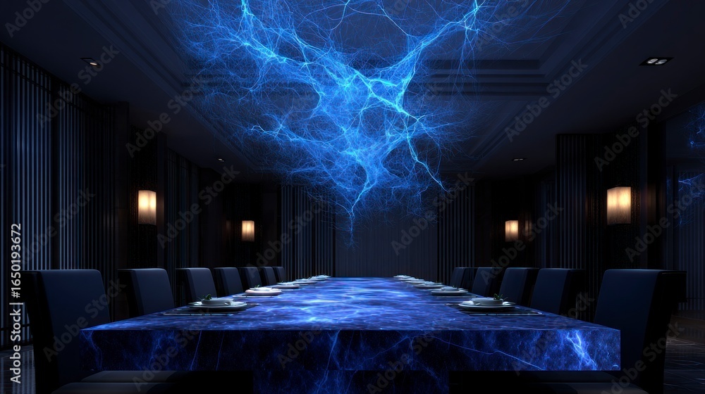 Poster a dark modern dining room with a long table featuring a blue abstract lightning pattern on its surfa
