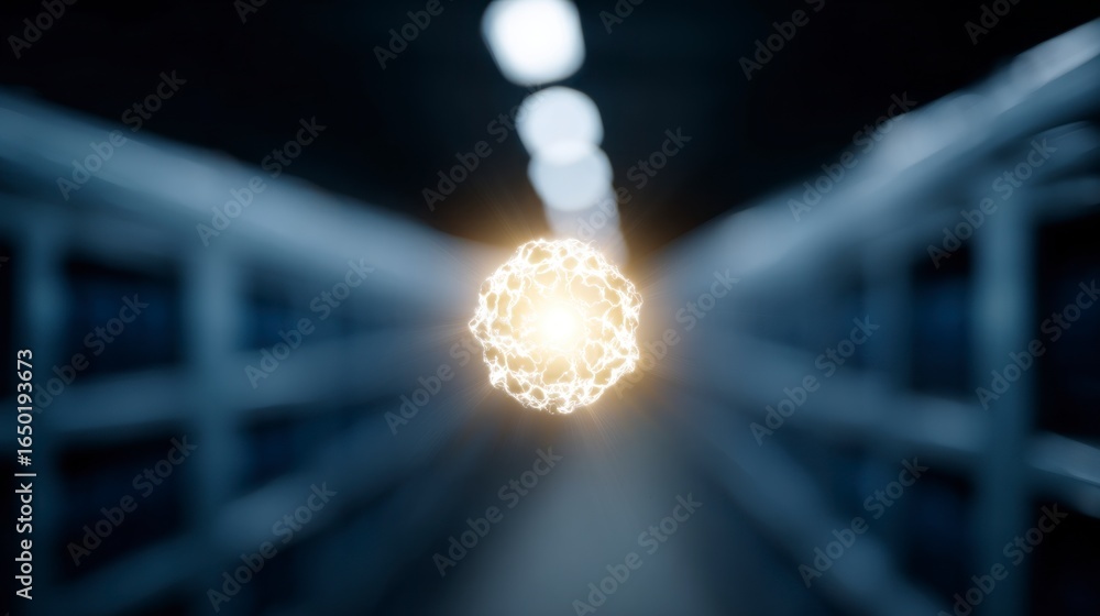Poster glowing energy orb suspended within a dark abstract tunnel with illuminated overhead lights