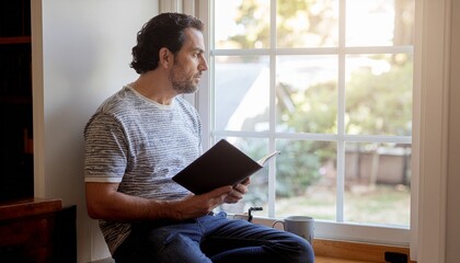 Middle-Aged Man Relaxing at Home Reading a Book by the Window