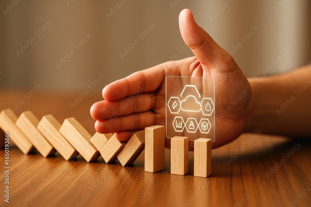Poster hand protecting a stack of wooden blocks from toppling, with a digital cloud technology interface ov