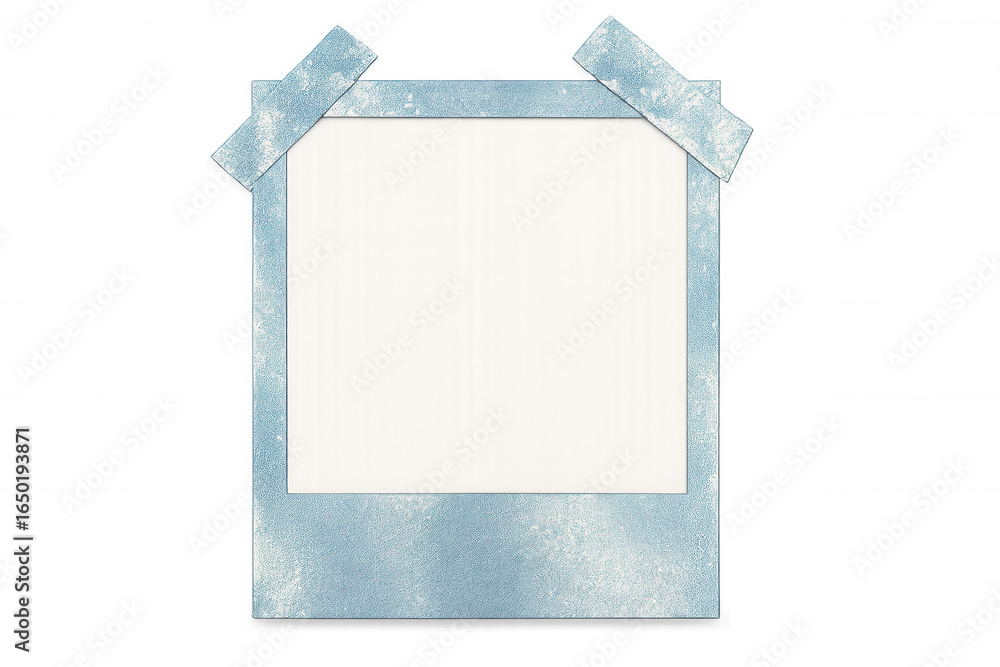 Poster empty instant photo frame with blue glitter fixed with two pieces of adhesive tape on a transparent 