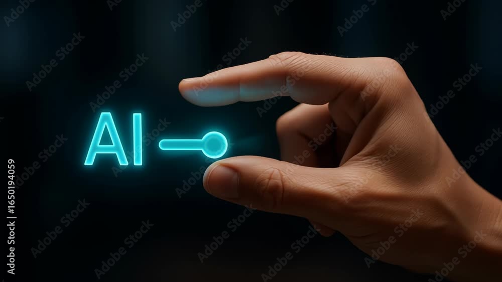 Poster artificial intelligence concept with hand holding glowing symbol representing automatic system task 