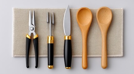 A stylish arrangement of kitchen tools on a soft surface.
