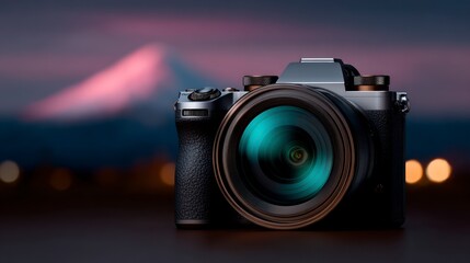 Modern digital camera with a large lens set against a blurred twilight sky with bokeh lights