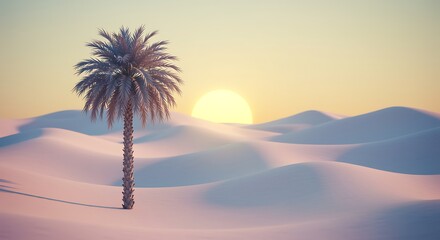 Serene Desert Landscape with Palm Tree and Setting Sun Tranquil Sand Dunes in Warm Light Peaceful Oasis Scene