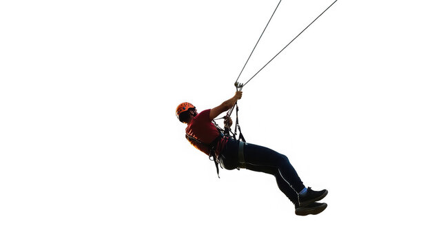 Man in Helmet on Zip Line, Adventure, Extreme Sport on transparent background