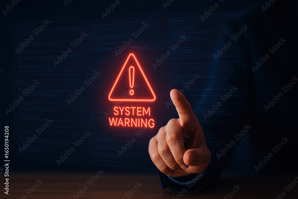 Poster hand pointing at a glowing red system warning sign.