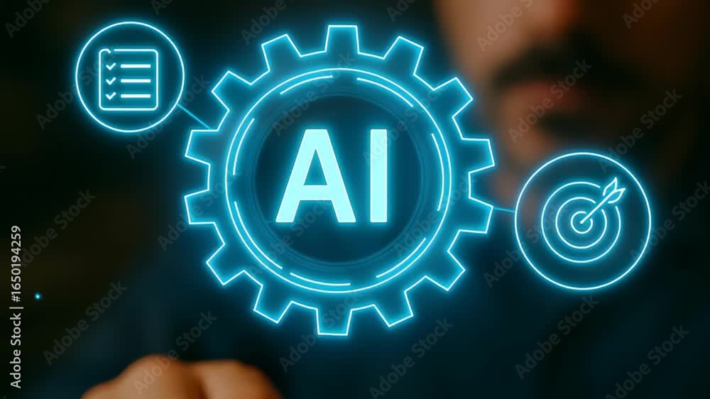 Poster artificial intelligence system for automatic task management using digital technology with glowing g