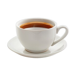 Obraz premium White ceramic coffee cup filled with dark brown hot liquid, steaming slightly, on a matching saucer