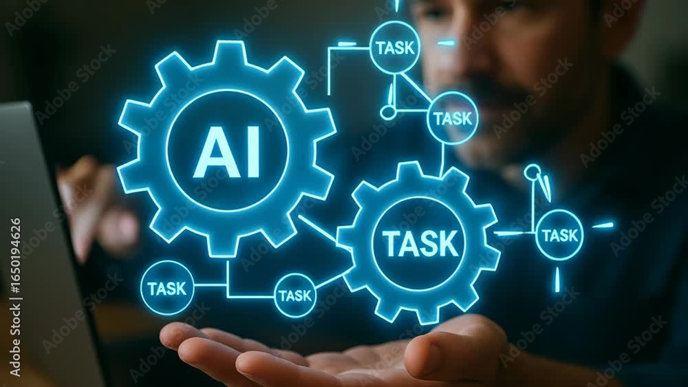 Poster artificial intelligence system enables automatic task management and automation with glowing gears s