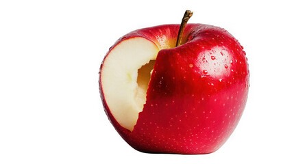 Bitten shiny red apple with water droplets, healthy eating concept on transparent background
