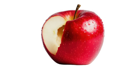 Bitten shiny red apple with water droplets, healthy eating concept on transparent background