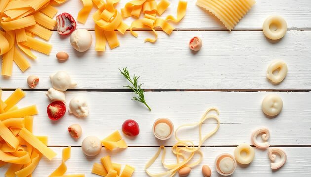 Variety of raw pasta shapes & squid arranged on white wood , dish, culinary - Powered by Adobe