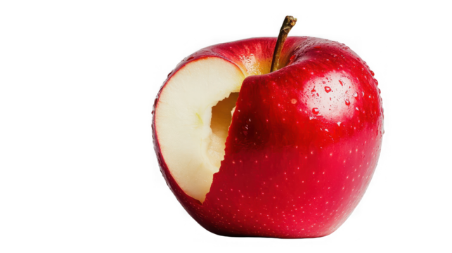 Bitten shiny red apple with water droplets, healthy eating concept on transparent background