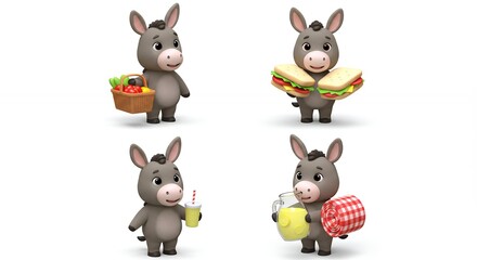 Obraz premium Cartoon donkeys with various summer activities