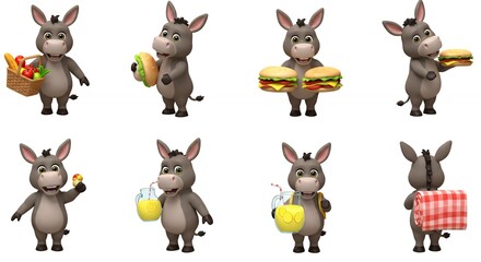 Cartoon grey donkey characters carrying food and drinks