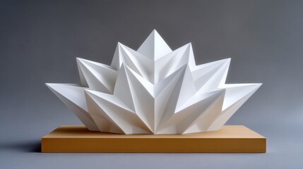 Intricate white origami sculpture resembling a blooming flower.