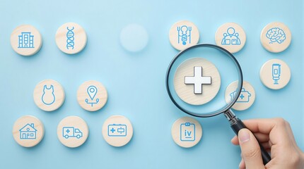 Health checkup medical services concept with magnifying glass and health icons search