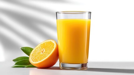 Fototapeta premium Vibrant orange juice in a clear glass beside a fresh orange with green leaves.