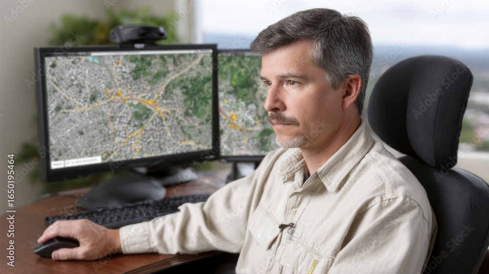 Poster man intently viewing digital map data on dual computer monitors in an office setting
