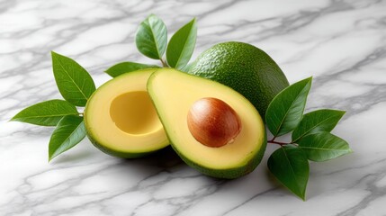Freshly cut avocado with leaves on a marble surface, showcasing its creamy texture.