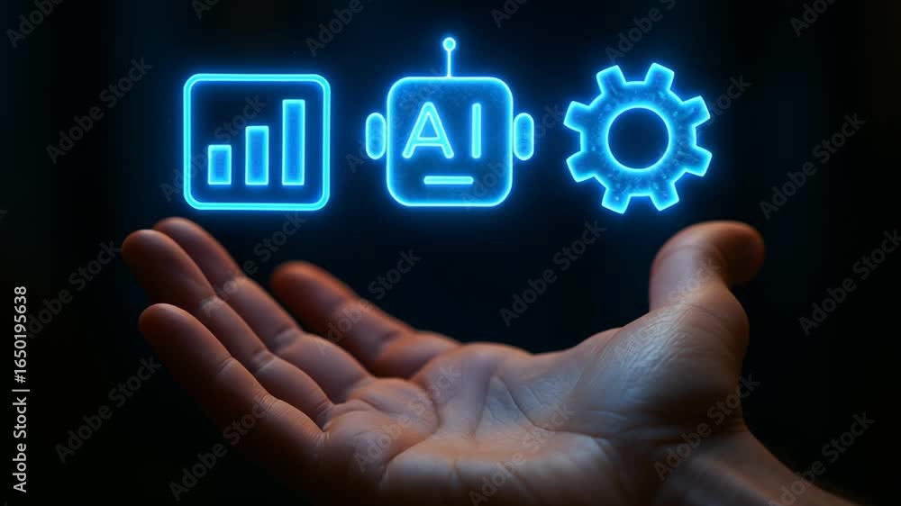 Poster glowing digital ai system icons floating above hand showcasing automatic task control and technology