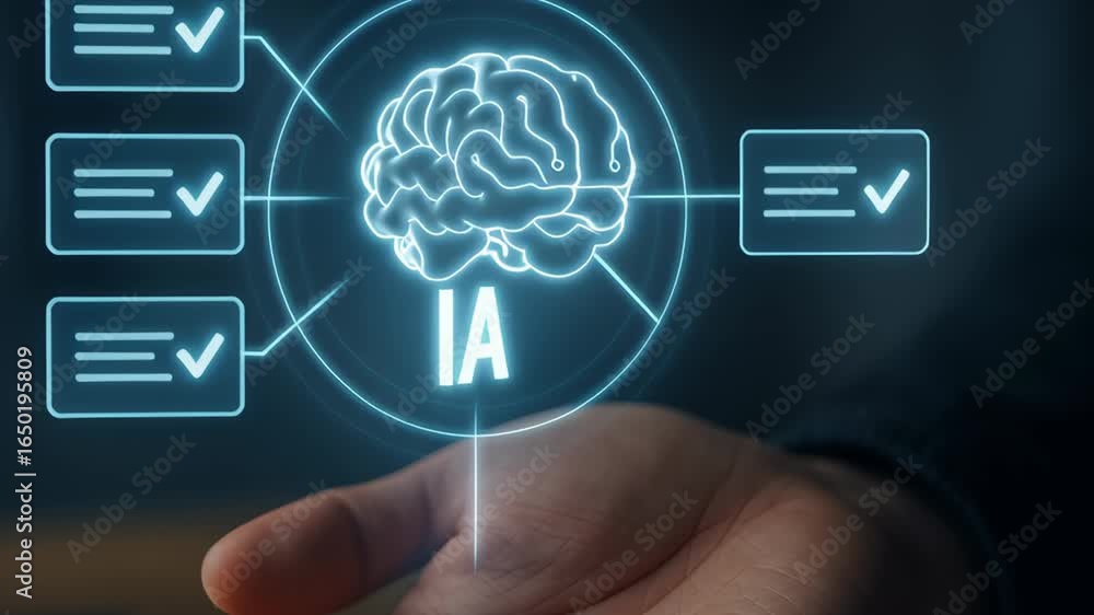 Poster artificial intelligence brain hologram in hand showcasing automatic system technology for advanced t