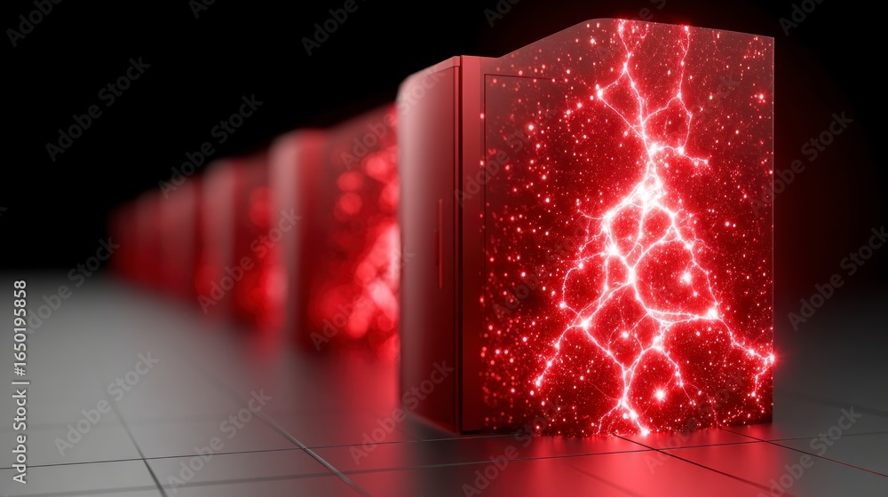 Poster server racks displaying vibrant red digital energy and light particles in a dark environment