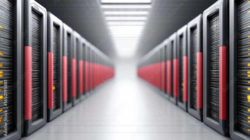 Poster rows of modern server racks with red and grey casing illuminated in a data center