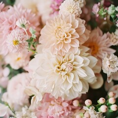 Close up of soft pink and cream dahlia flowers arrangement