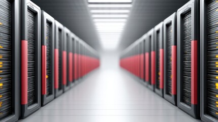 Fototapeta premium Rows of modern server racks with red and grey casing illuminated in a data center