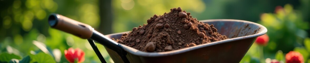 Overfilled wheelbarrow of soil, garden tools nearby, shovel, ground