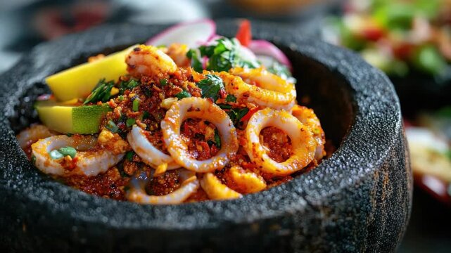 A delicious seafood meal with octopus, served in a traditional Mexican black clay bowl. Flavored with spices and garnished with fresh herbs.