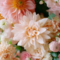 Close up of a beautiful soft pastel colored floral arrangement with dahlias