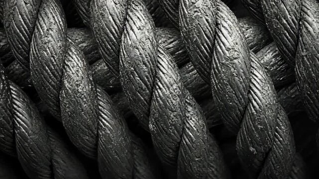 Close-up of Tough Black Metal Rope with Twisted Textured Cables