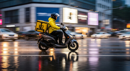 Fototapeta premium A delivery person riding a scooter in the city on a rainy day. The person is wearing a helmet and carrying a delivery box. The image captures the hustle and bustle of urban life