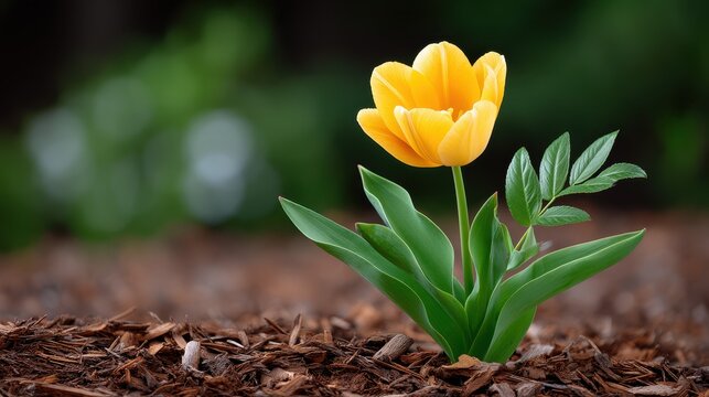 Vibrant yellow tulip blooming amidst rich brown mulch.