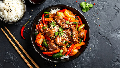 Korean beef stir fry Bulgogi served rice and kimchi